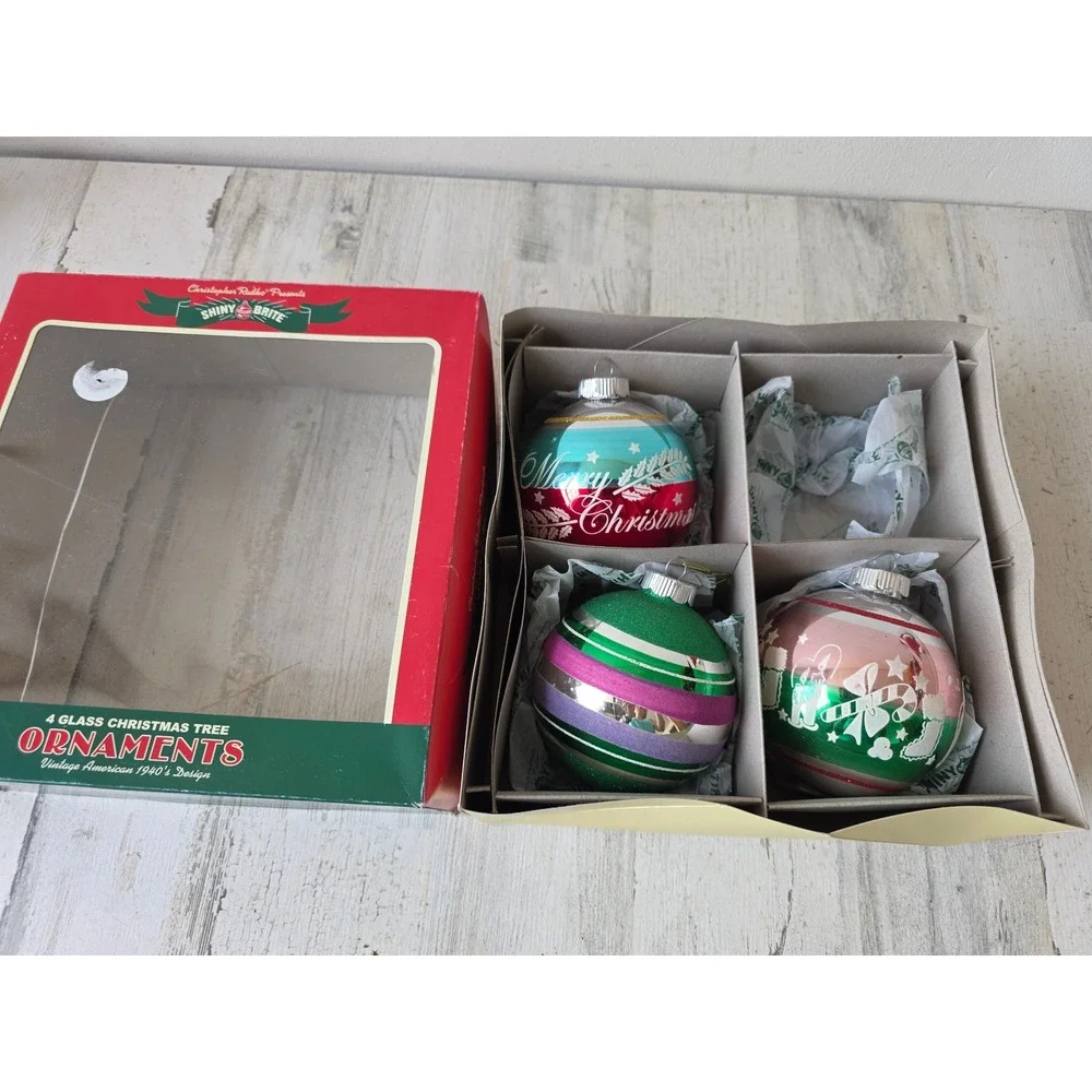 Vintage shiny brite jumbo ornament stencil toy striped set Xmas tree tournaments